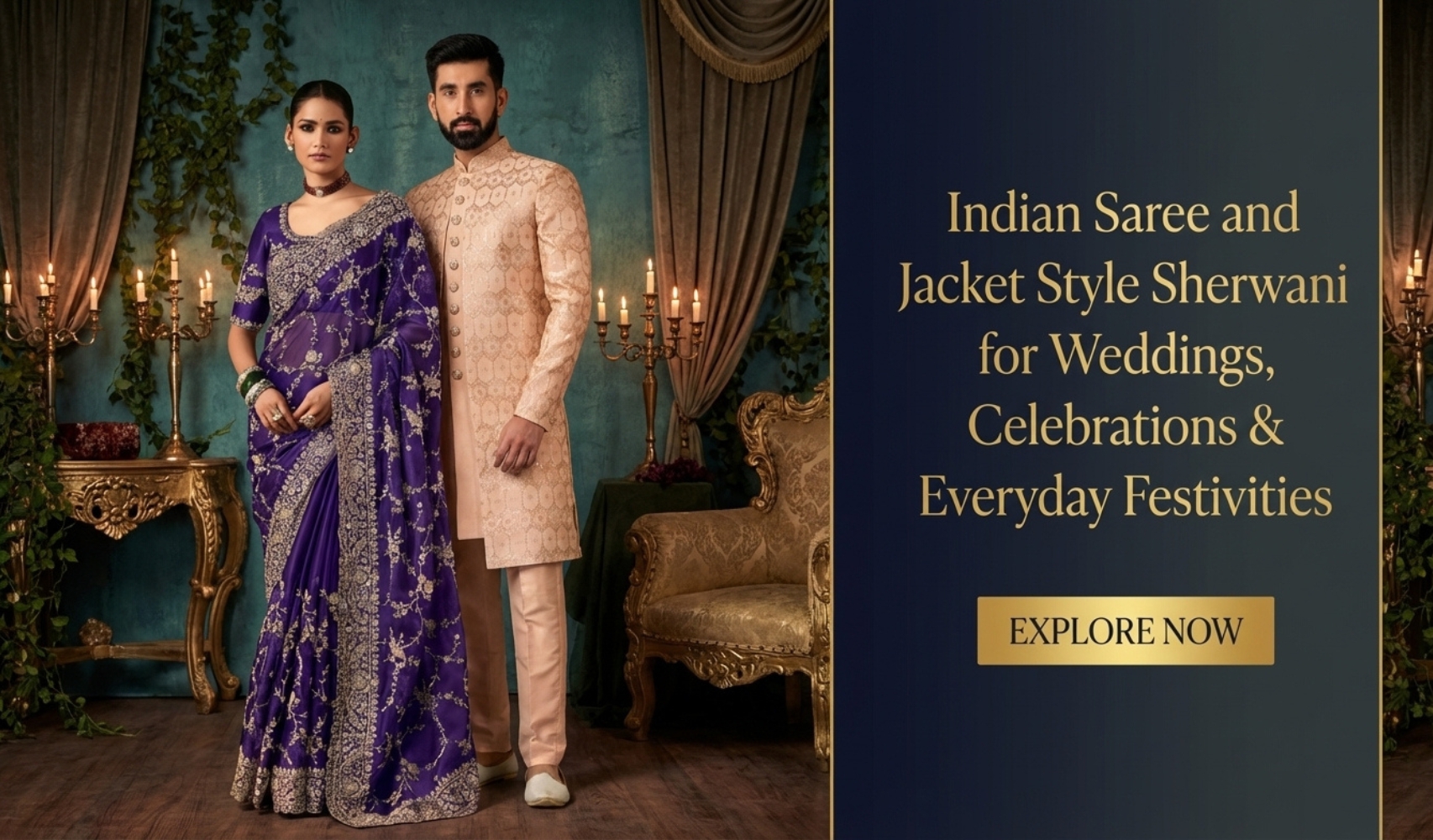 Traditional Indian saree complemented by a jacket-style sherwani, ideal for weddings and special occasions.