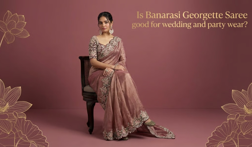 Banarasi georgette saree me wedding aur party wear ke liye stylish Indian woman posing elegantly