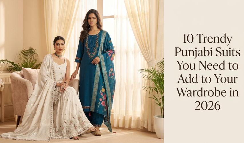 Two women wearing trendy Punjabi suit styles for 2026, featuring embroidered designs ideal for festive and wedding wear.