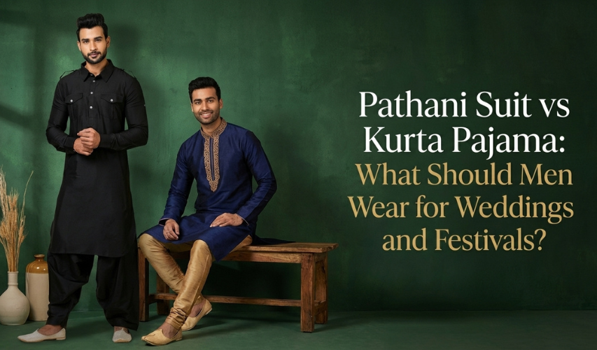 Pathani suit vs Kurta pajama for men – stylish traditional outfits for weddings and festivals. The image showcases two men in a black Pathani suit and a blue Kurta Pajama, highlighting popular choices for festive occasions. The outfits feature classic designs and intricate details, perfect for special events and celebrations.