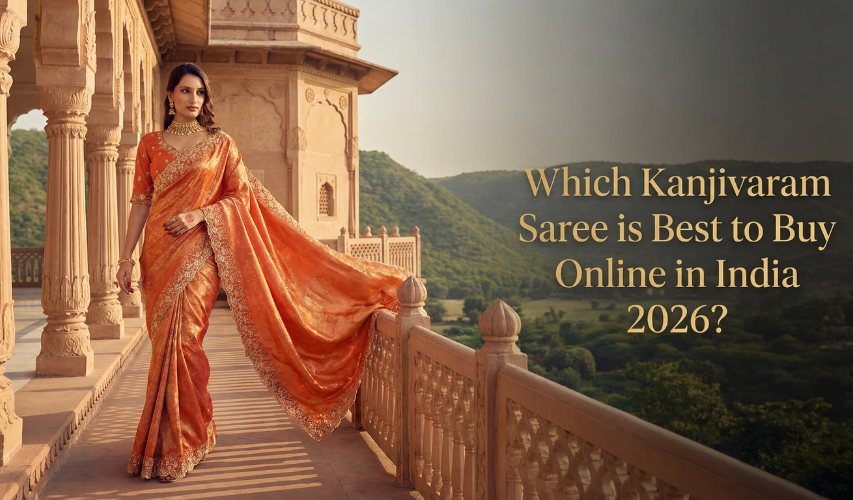 Woman wearing orange Kanjivaram saree with golden zari border at a heritage palace