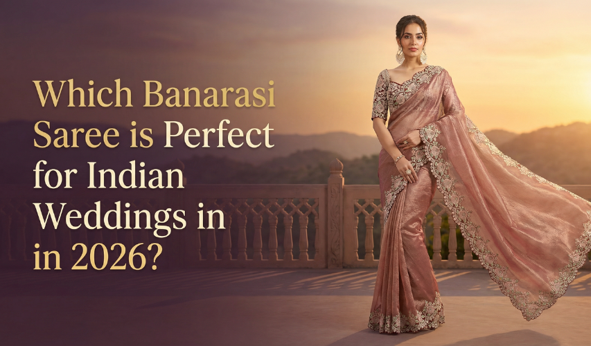 A woman wearing an elegant dusty rose Banarasi saree with intricate golden embroidery and floral border, perfect for Indian weddings in 2026 – showcasing traditional bridal saree styles against a golden sunset backdrop.