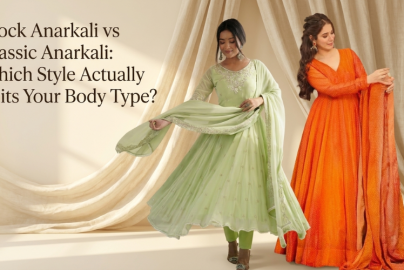 Two women pose in traditional Anarkali suits; one wears a light green frock-style Anarkali, the other wears a classic orange Anarkali, with draped curtains in the background.