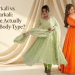 Two women pose in traditional Anarkali suits; one wears a light green frock-style Anarkali, the other wears a classic orange Anarkali, with draped curtains in the background.