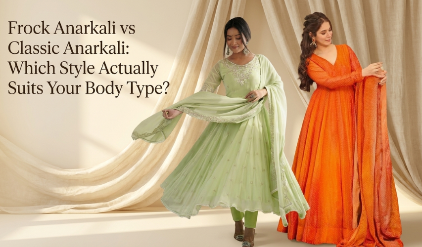 Two women pose in traditional Anarkali suits; one wears a light green frock-style Anarkali, the other wears a classic orange Anarkali, with draped curtains in the background.