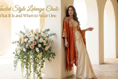 A woman in an orange and white jacket style lehnga choli stands beside a wall, showcasing traditional Indian attire.