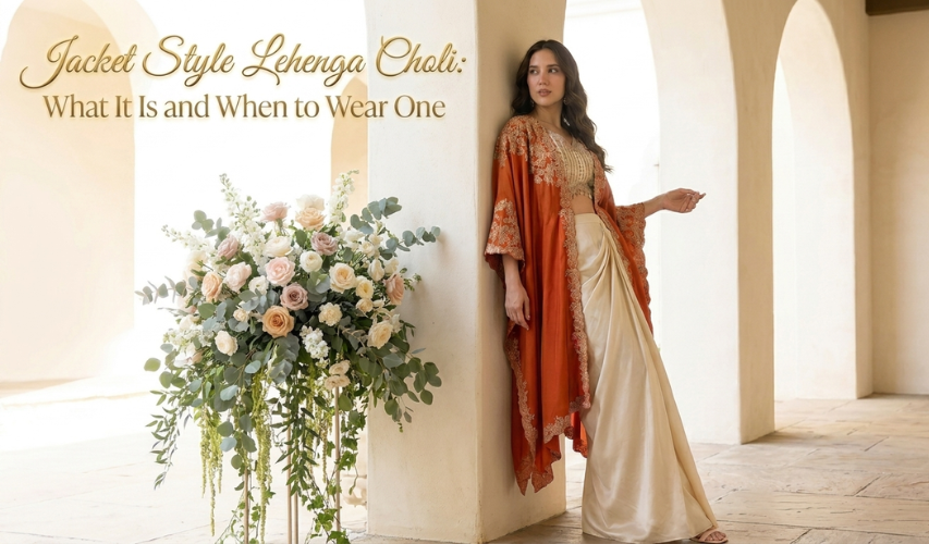 A woman in an orange and white jacket style lehnga choli stands beside a wall, showcasing traditional Indian attire.