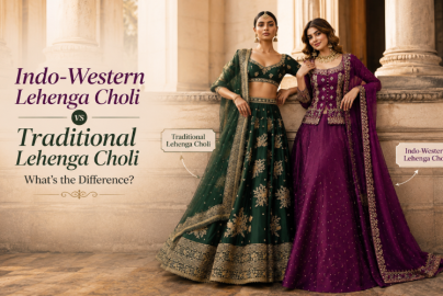 A vibrant Indian lehenga choli featuring intricate embroidery and rich colors, showcasing traditional Western fashion elements.