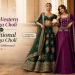 A vibrant Indian lehenga choli featuring intricate embroidery and rich colors, showcasing traditional Western fashion elements.