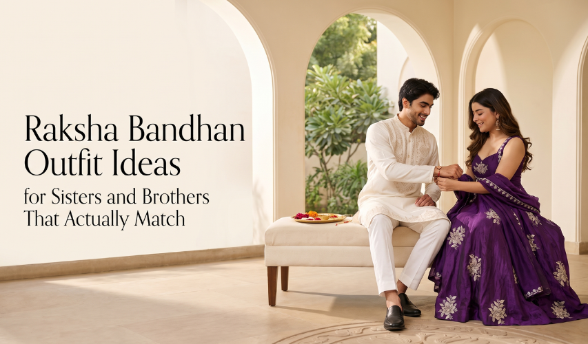 Stylish matching outfits for brothers and sisters celebrating Raksha Bandhan, featuring elegant designs and complementary colors.