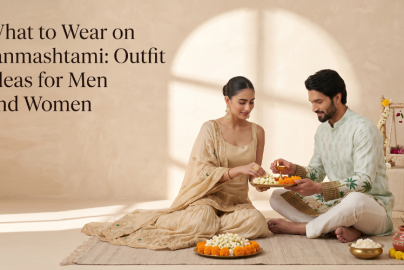 Janmashtami celebration featuring a man and woman in traditional Indian outfits performing puja together, with festive decorations and offerings in a warmly lit setting.