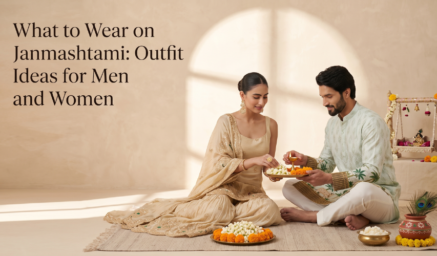 Janmashtami celebration featuring a man and woman in traditional Indian outfits performing puja together, with festive decorations and offerings in a warmly lit setting.